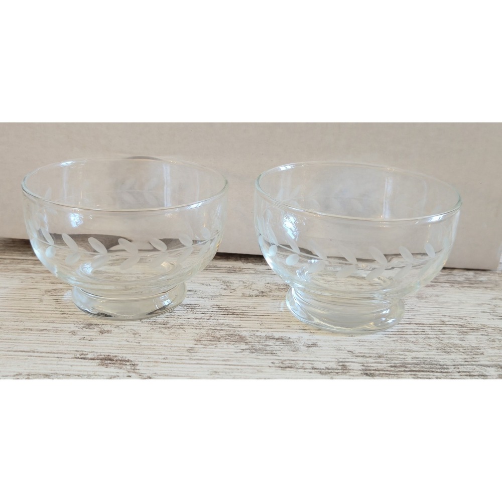 Vintage Etched Wheat Leaf Pattern Footed Glass Dessert Bowls Set of 2 Sherbet...